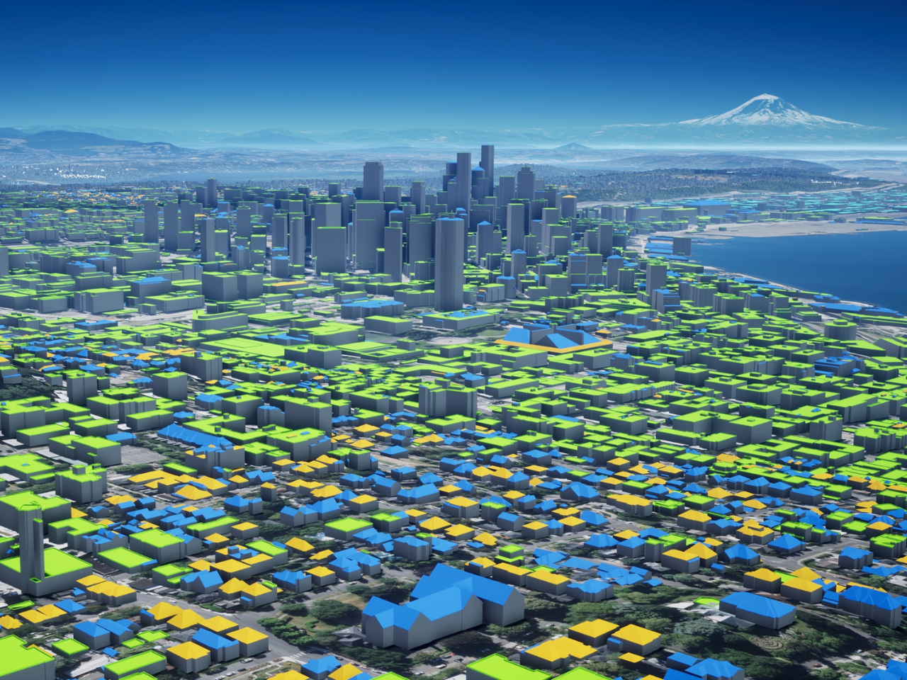 Building volumes extracted from blackshark.ai’s GEOINT capabilities for Seattle, Washington, USA