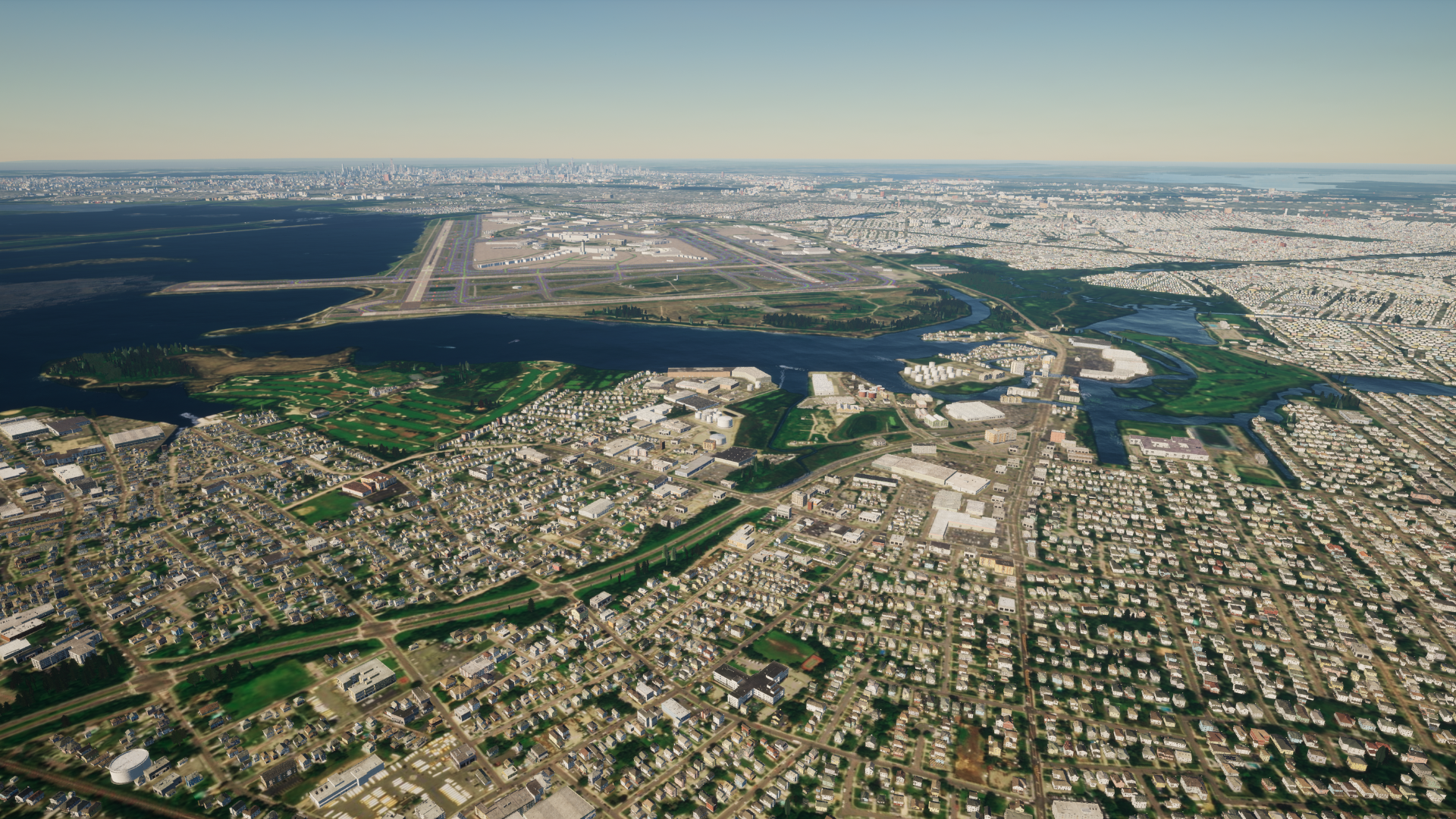 Surrounding area of JFK International Airport, New York rendered in blackshark.ai Globe Plugin for Unreal Engine.
